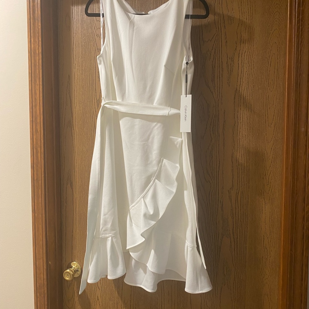 Calvin Klein White Scuba Crepe Round Neck Ruffle Tulip Hem Tie Waist Wrap Dress